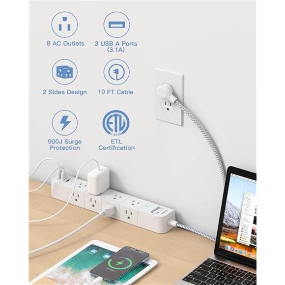 10 ft Extension Cord, Power Strip Surge Protector - 8 Widely AC Outlets 3 USB - Picture 3 of 6